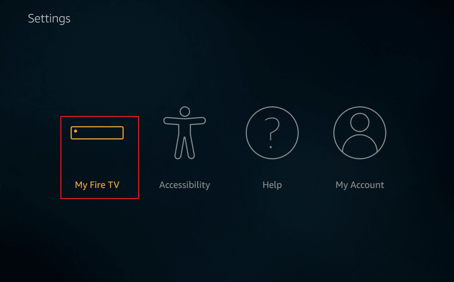 Agora, na página inicial do Fire TV ou Fire TV stick, navegue até a guia Configurações e clique em My Fire TV