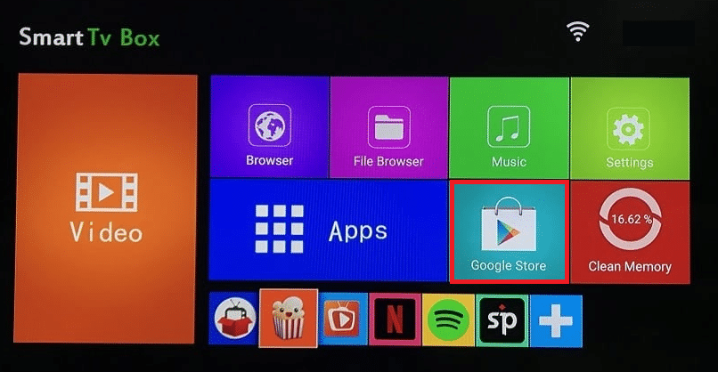 Inicie o Android Box Home e navegue até a Google Play Store.