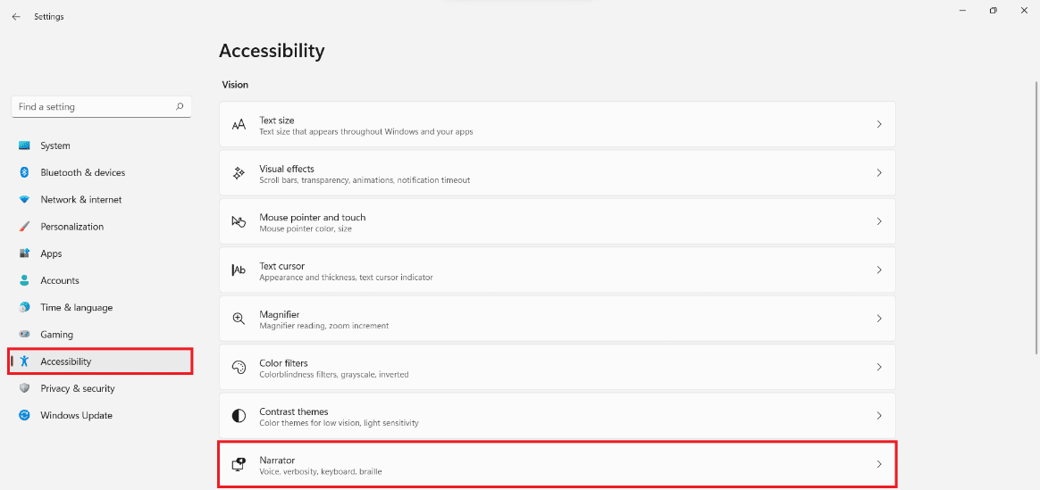 Seção de acessibilidade no aplicativo Configurações. Como ativar o alerta de Caps Lock do Narrador Windows 11