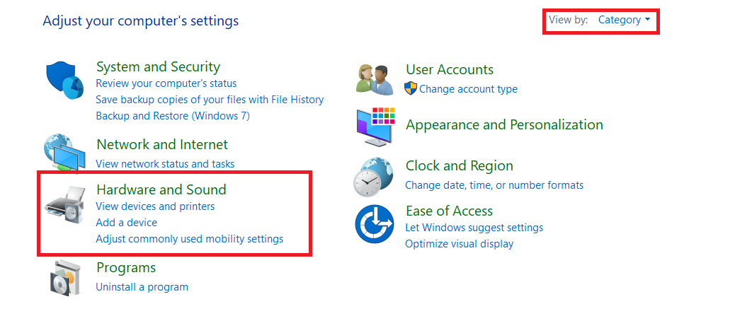 Defina o View by as Category na parte superior da janela. Clique em Hardware e Som.