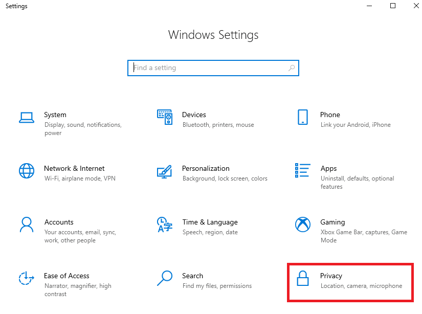 Agora, selecione a opção Privacidade na janela Configurações do Windows
