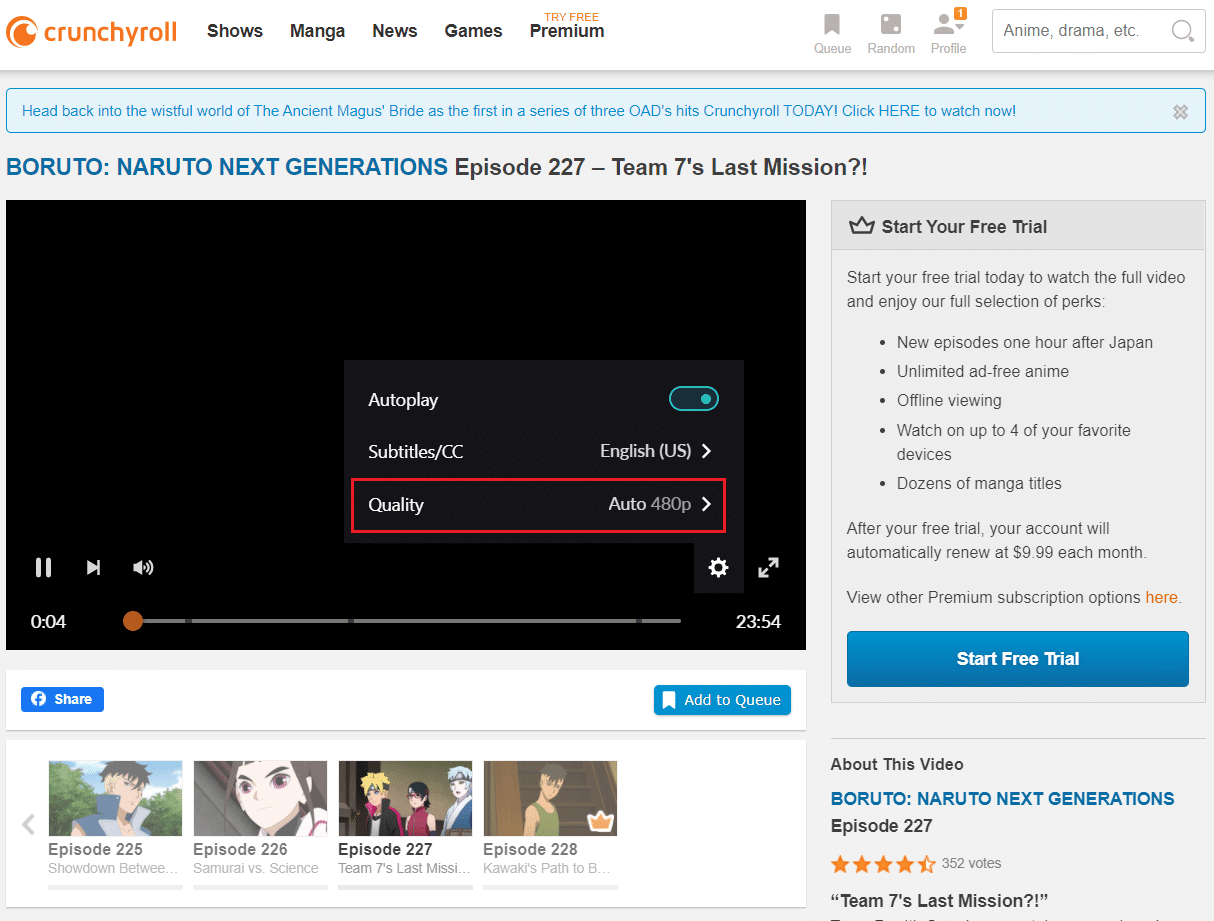 seleccione Calidad en la configuración de video de la página web de Crunchyroll