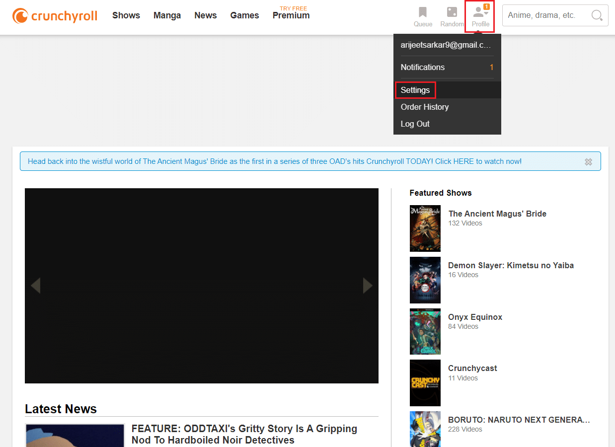 haga clic en el ícono Perfil y luego seleccione Configuración en la página de inicio de Crunchyroll. Cómo arreglar Crunchyroll que no funciona
