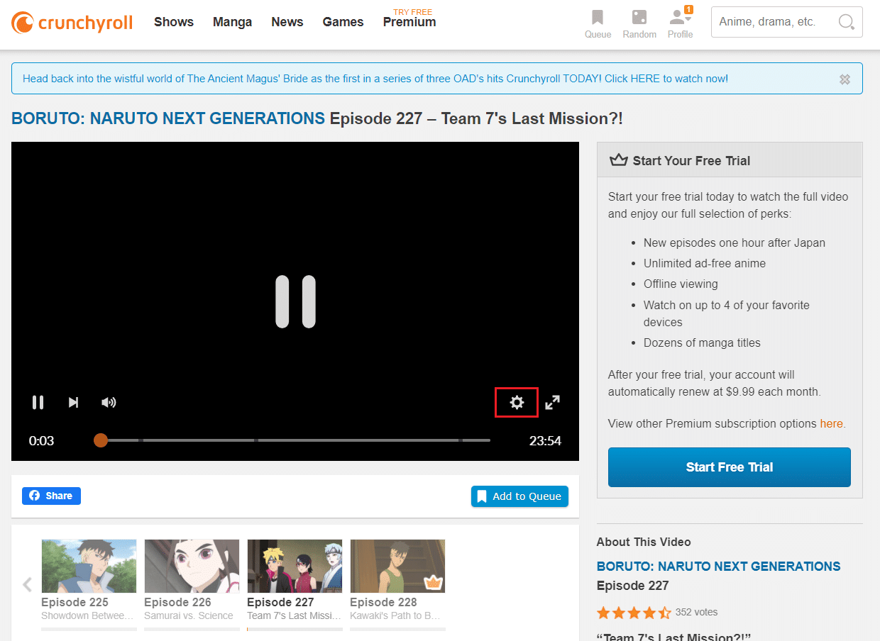 haga clic en el ícono de ajustes para abrir Configuración en el video en la página web de Crunchyroll. Cómo arreglar Crunchyroll que no funciona