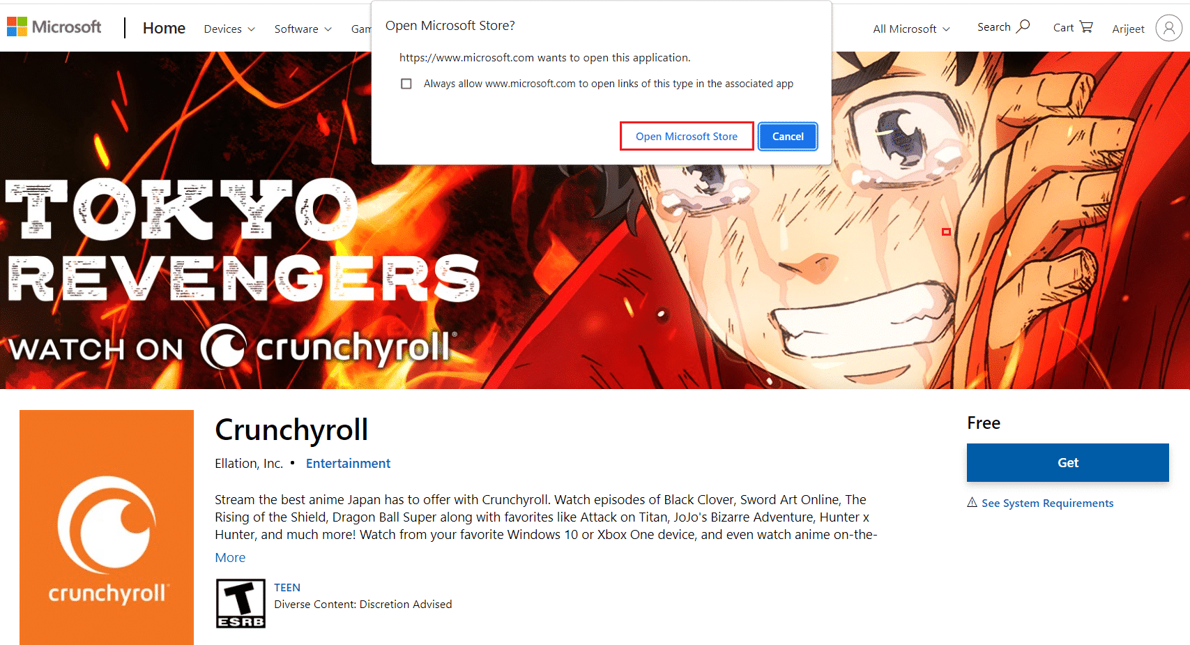 ChromeでMicrosoftStoreを開くを選択します