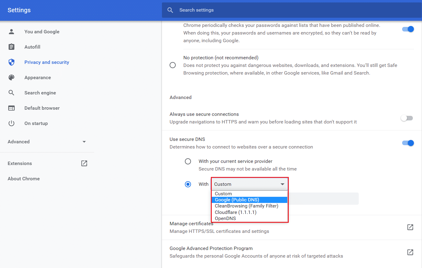 pilih dns aman khusus di pengaturan chrome. Cara Mengaktifkan DNS melalui HTTPS Chrome