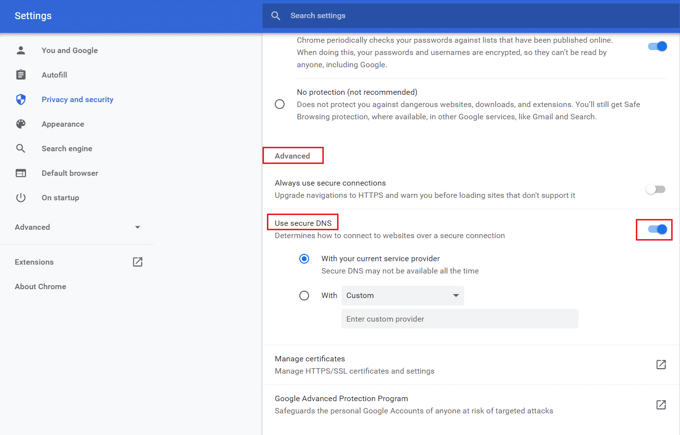 di bagian lanjutan, aktifkan Gunakan DNS aman di Privasi dan Pengaturan Chrome