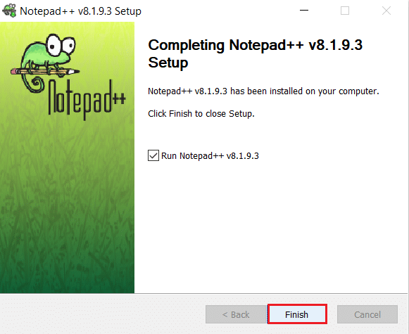 clique em Concluir após a conclusão da instalação do Notepad plus plus