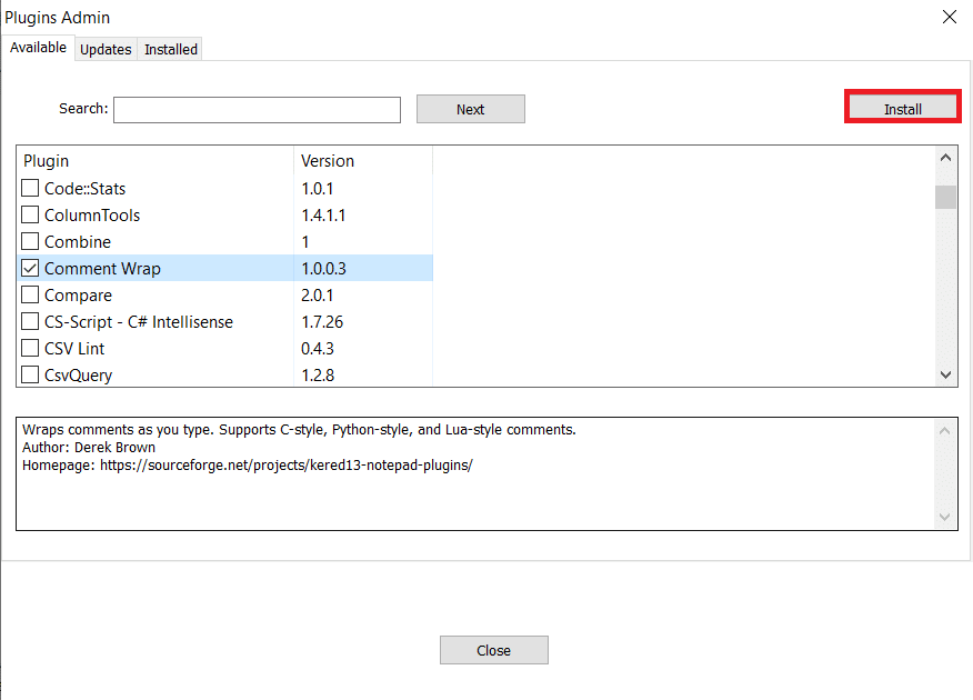 Selecione o plug-in desejado. Clique em Instalar para instalar o plugin Notepad++