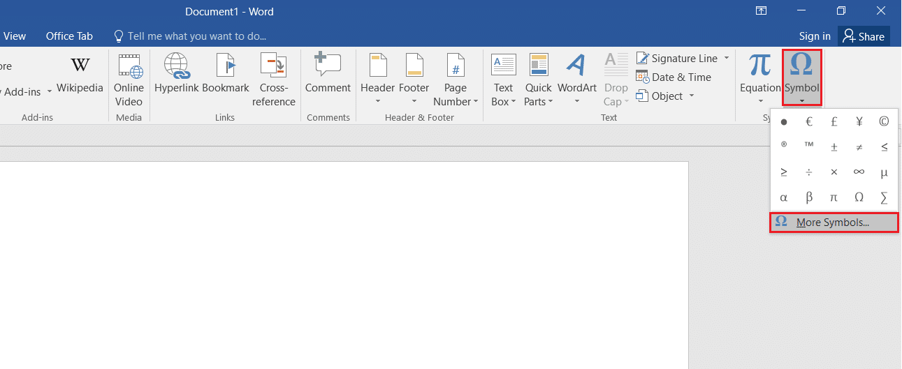 cliquez sur Symboles puis sélectionnez l'option Plus de symboles dans Microsoft Word