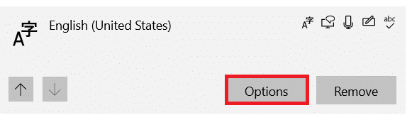 Cliquez sur Anglais, États-Unis. L'option se développe. Maintenant, cliquez sur le bouton Options.