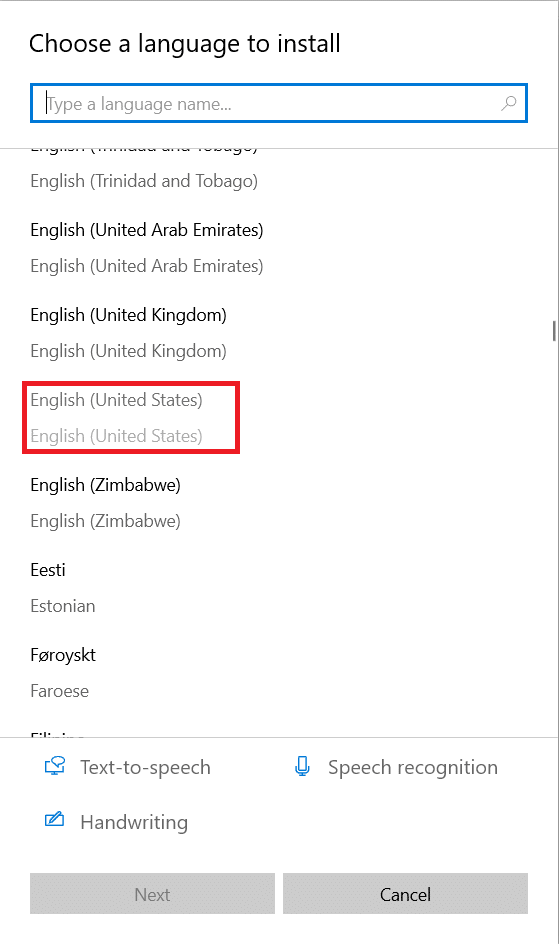 言語のリストから英語、米国を選択してインストールします。