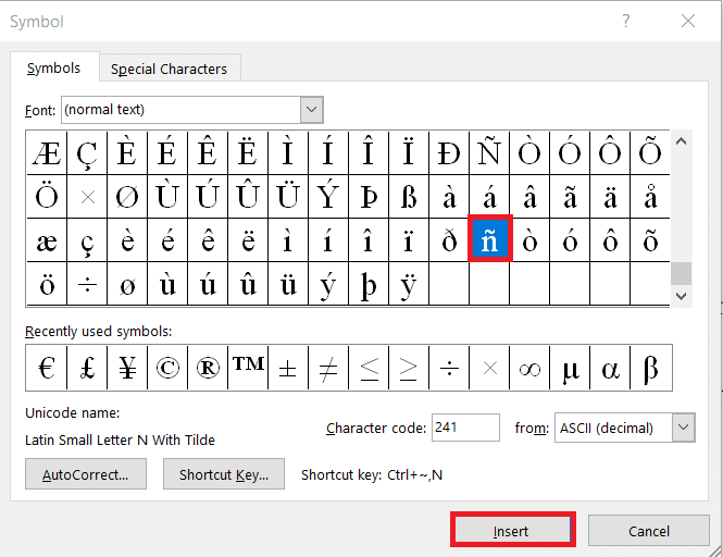 Cliquez sur le symbole et cliquez sur Insérer. Comment taper n avec le code Alt Tilde