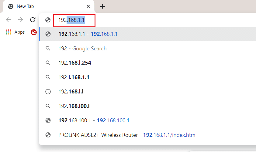 pergi ke alamat gateway router di browser Prolink adsl router