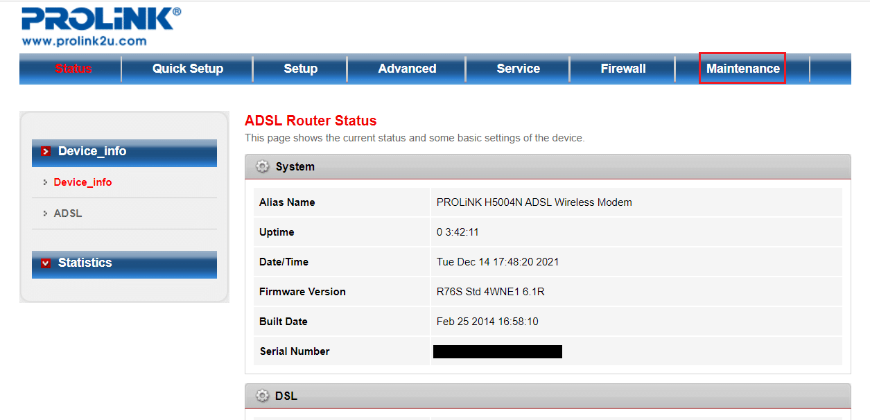 klik Pemeliharaan di pengaturan router prolink