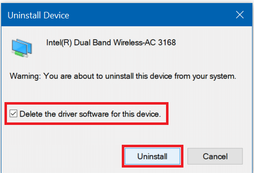 Tanda centang Hapus perangkat lunak driver untuk perangkat ini & Klik Uninstall