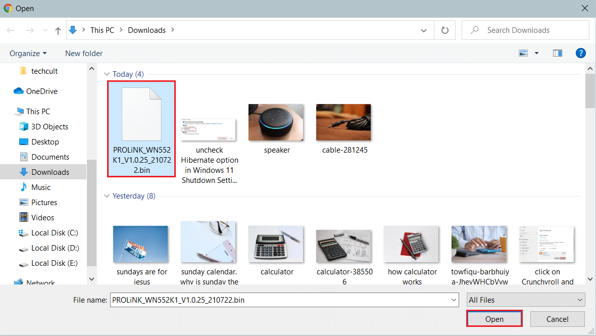 pilih firmware router yang diunduh dan klik Buka