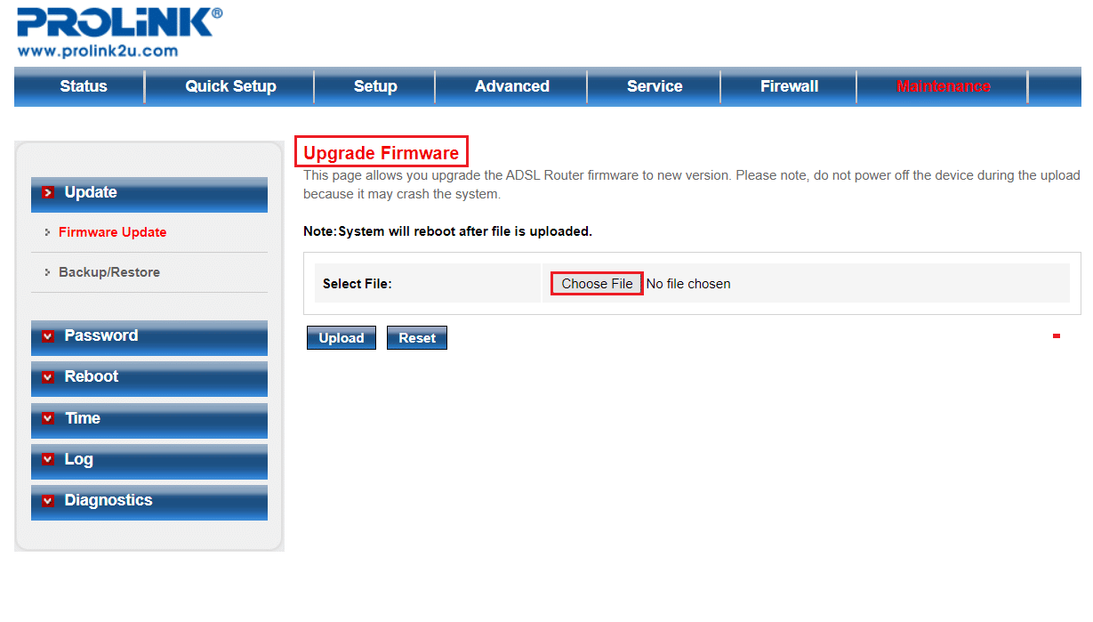 pilih pilih tombol file di menu Upgrade Firmware Pengaturan router adsl Prolink