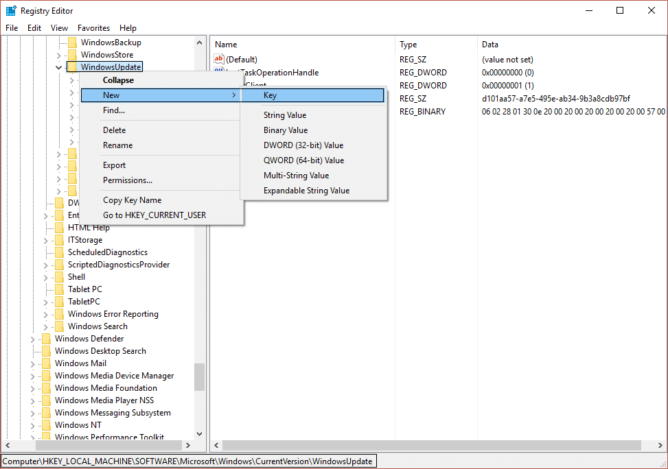 créer une nouvelle clé OSUpgrade dans WindowsUpdate