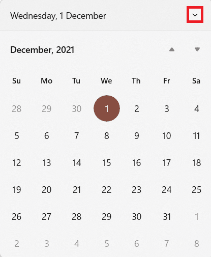 cliquez sur l'icône pointant vers le bas pour masquer le calendrier dans le centre de notification de Windows 11