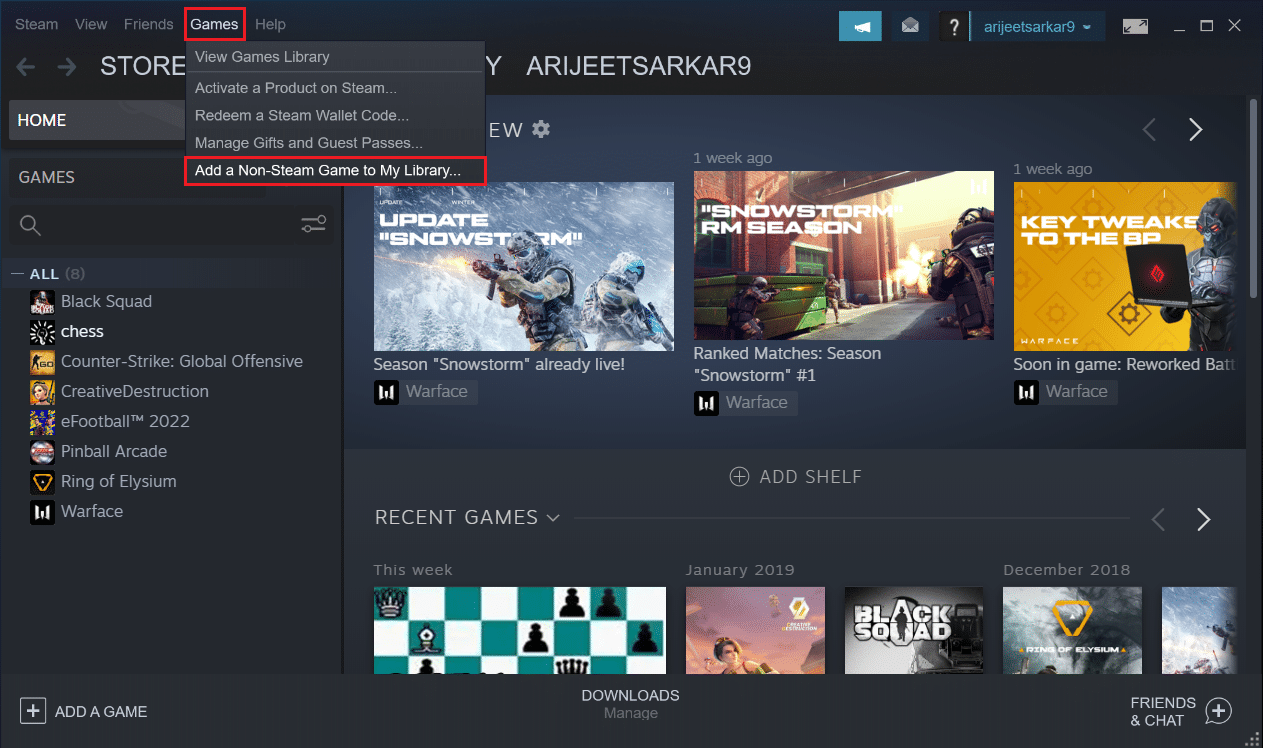 clique em jogos e selecione adicionar um jogo não steam à minha biblioteca...