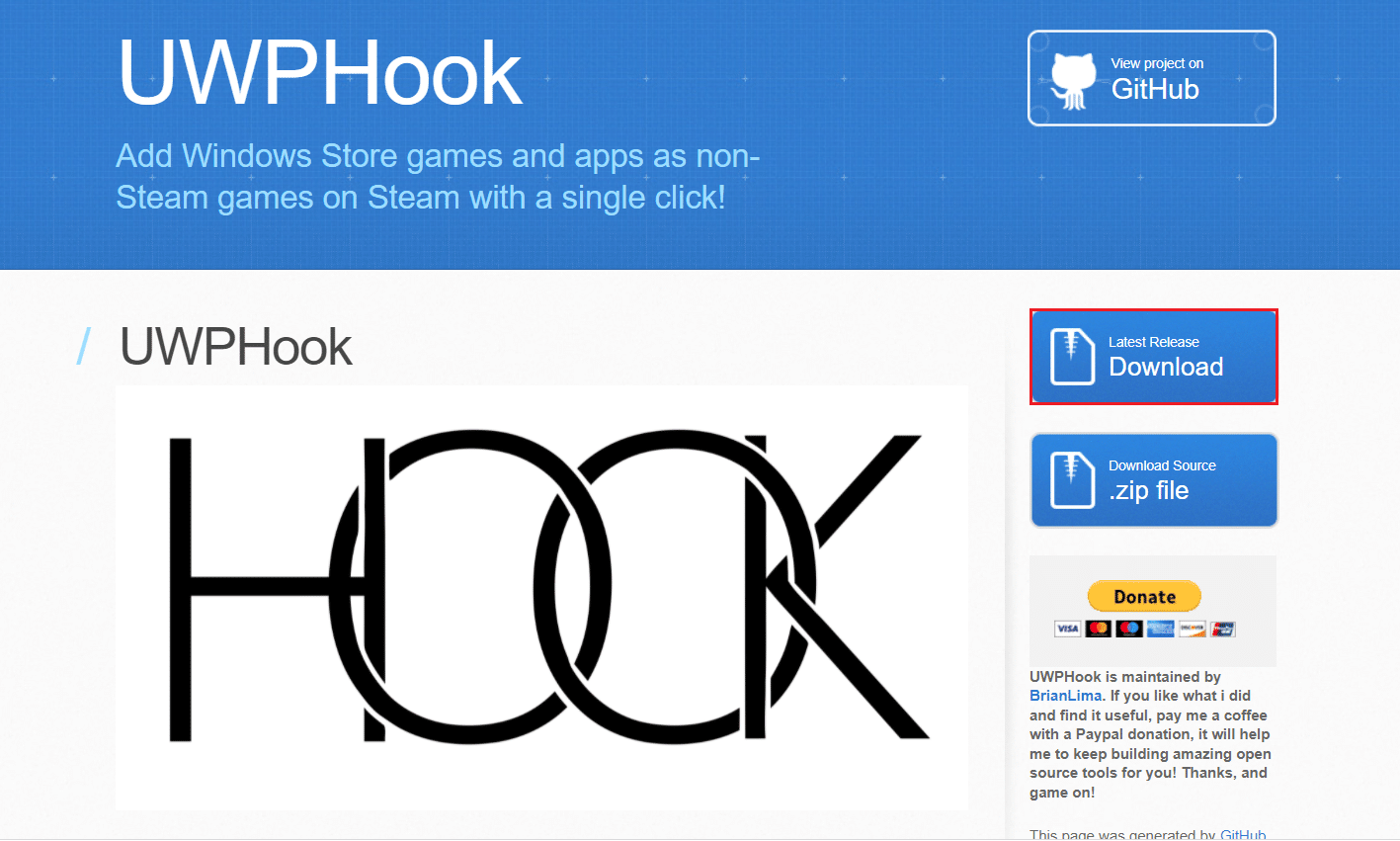 vá para a página de download do UWPHook e clique em Download. Como adicionar jogos da Microsoft ao Steam usando UWPHook