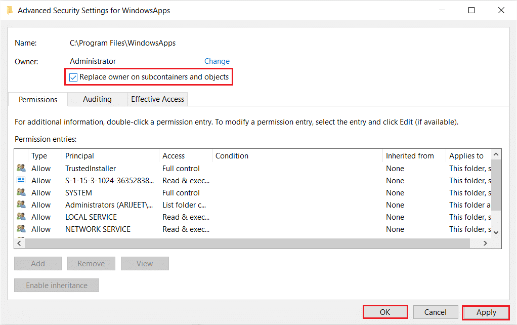 marque a opção substituir proprietário em subcontêineres e objetos em Configurações de segurança avançadas para aplicativos do Windows