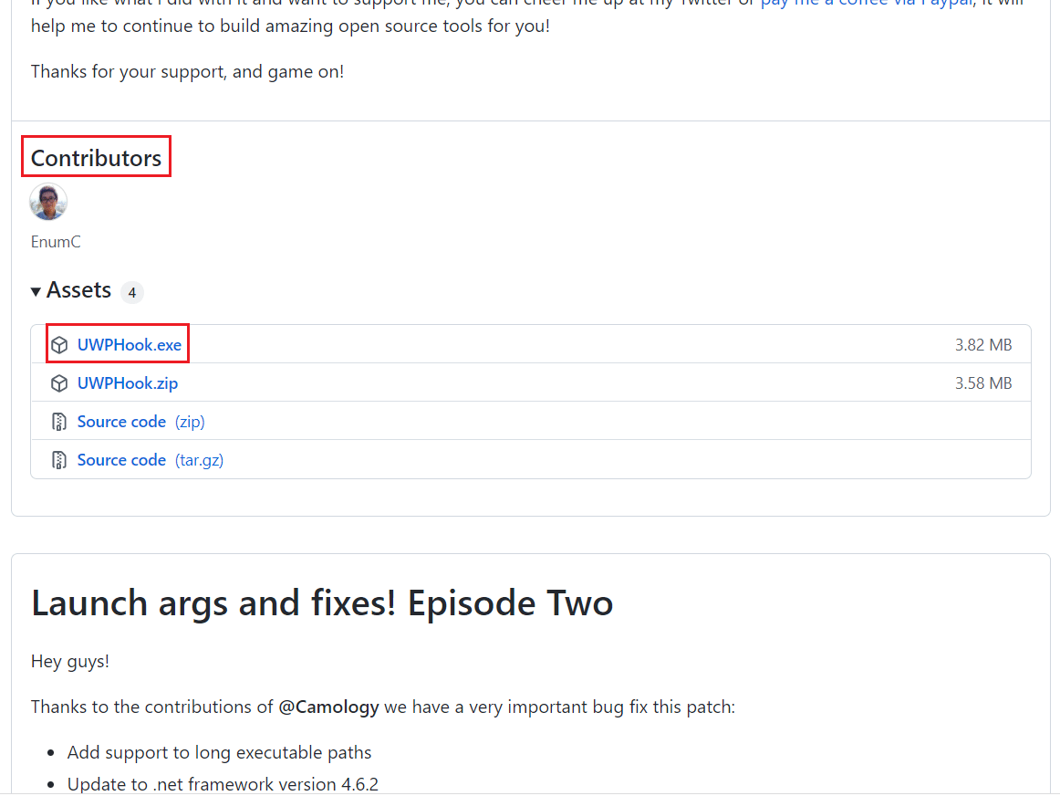 na página do github, vá para a seção Contributors e clique em UWPHook.exe