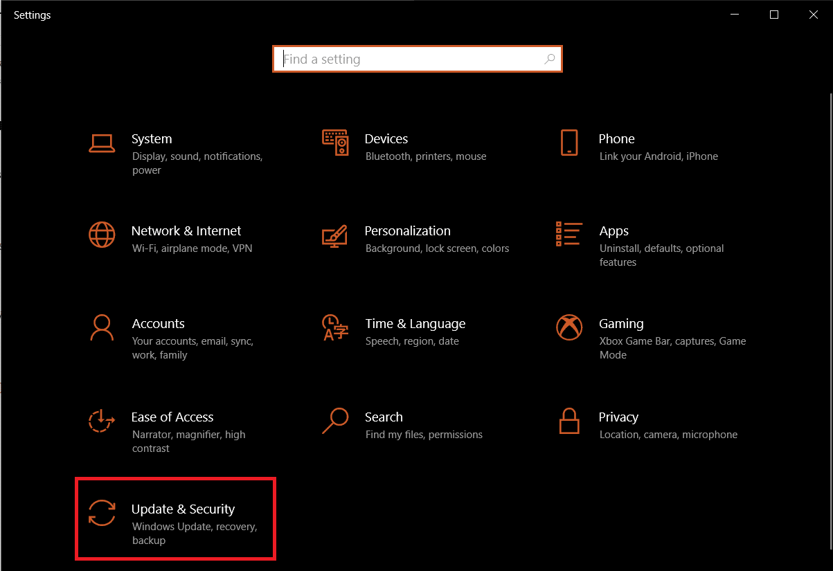 Abra o aplicativo Configurações e clique em Atualização e segurança.