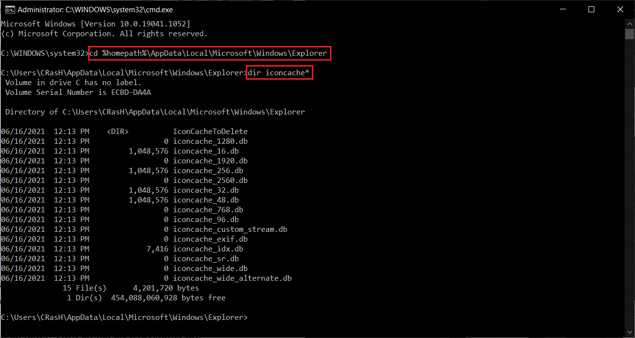 Digite dir iconcache e pressione enter para recuperar uma lista de arquivos de banco de dados de cache de ícones. Como corrigir o problema ausente dos ícones da barra de tarefas do Windows 10