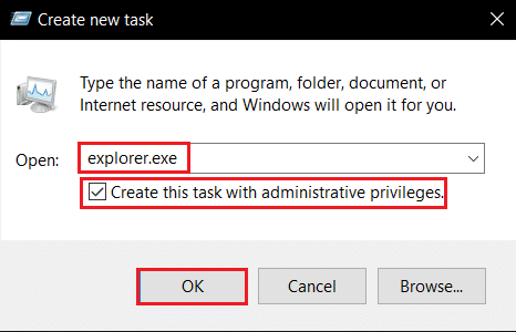 digite explorer.exe e clique em OK em Criar uma nova tarefa