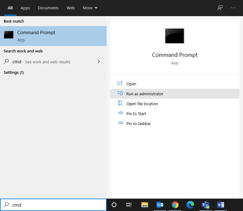 Digite cmd na barra de pesquisa e inicie o prompt de comando com privilégios administrativos. Como corrigir o problema ausente dos ícones da barra de tarefas do Windows 10