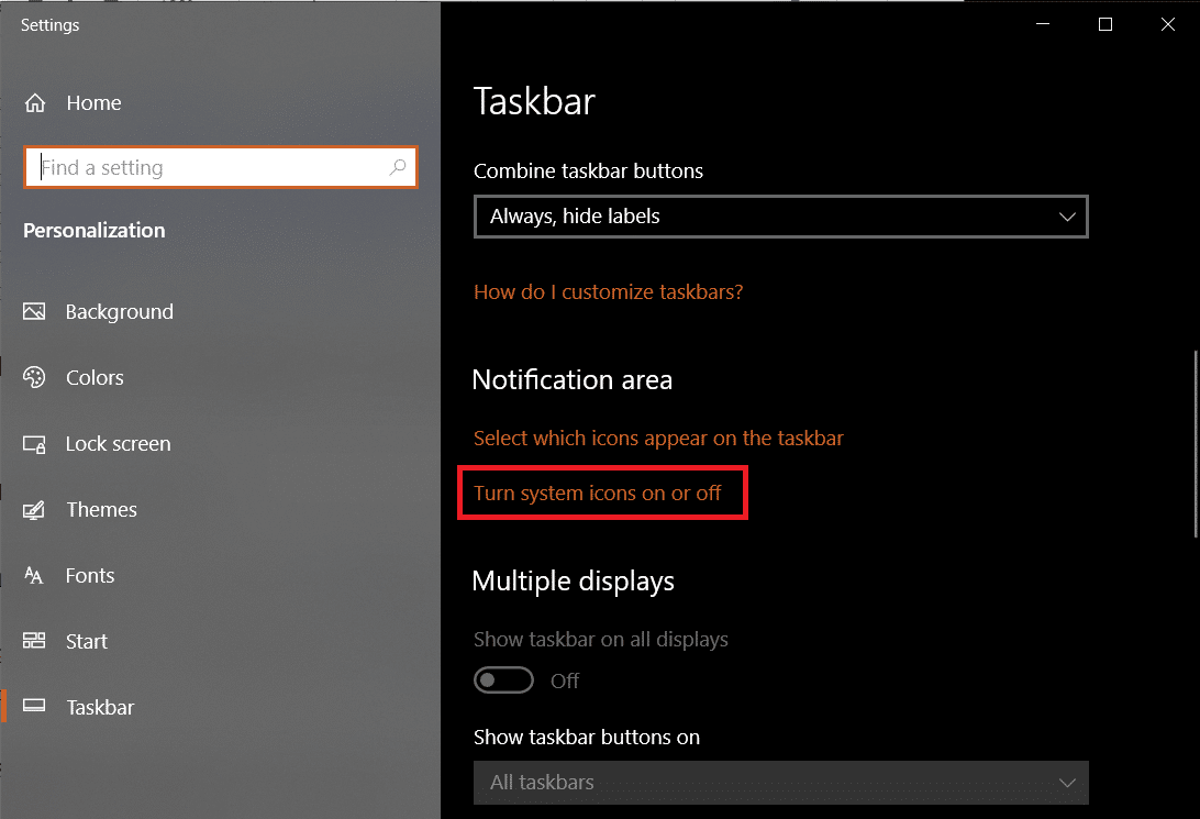 Role para baixo até a área de Notificação e clique em Ativar ou desativar os ícones do sistema. Como corrigir o problema ausente dos ícones da barra de tarefas do Windows 10