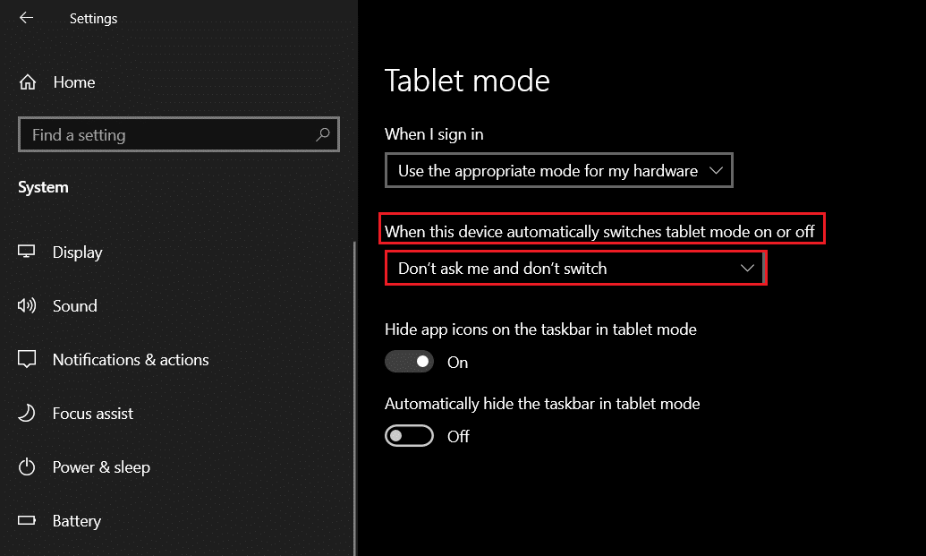 selecione não mude o modo tablet