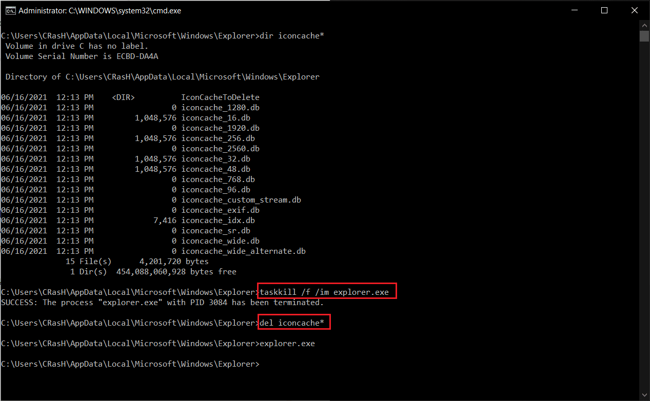 Por fim, digite del iconcache e pressione Enter para excluir o arquivo IconCache.db existente