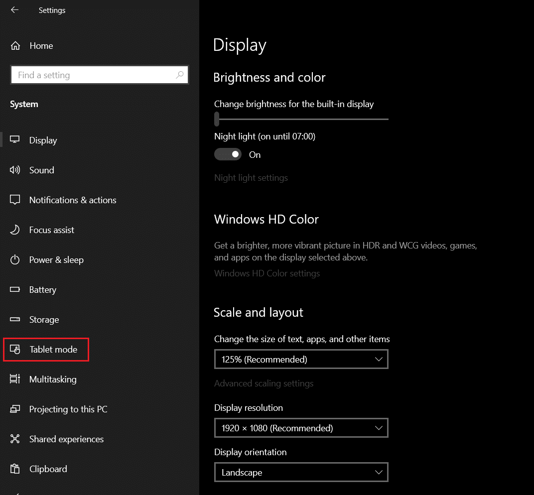 selecione o modo tablet nas configurações do sistema