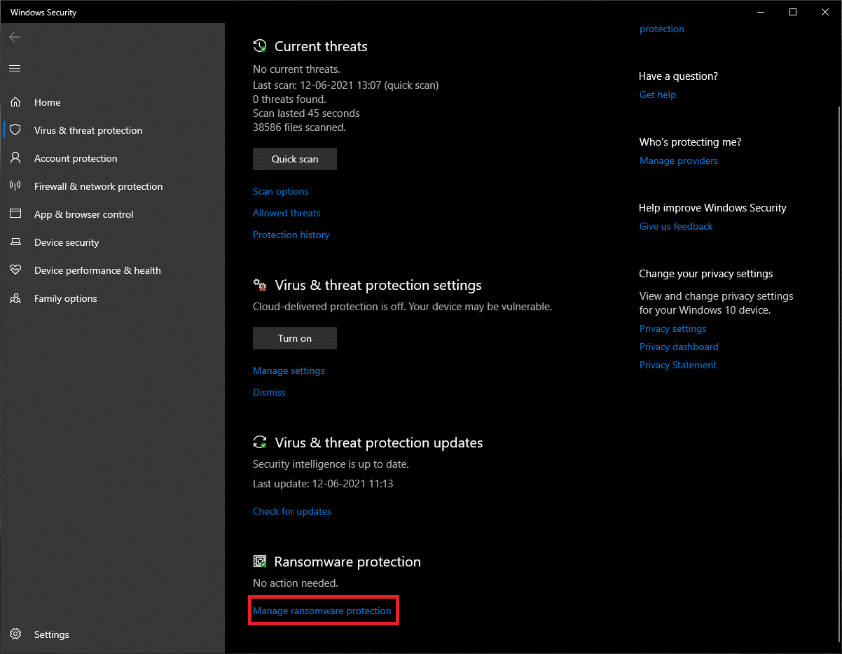 Role para baixo e clique em Gerenciar proteção contra ransomware, conforme mostrado.