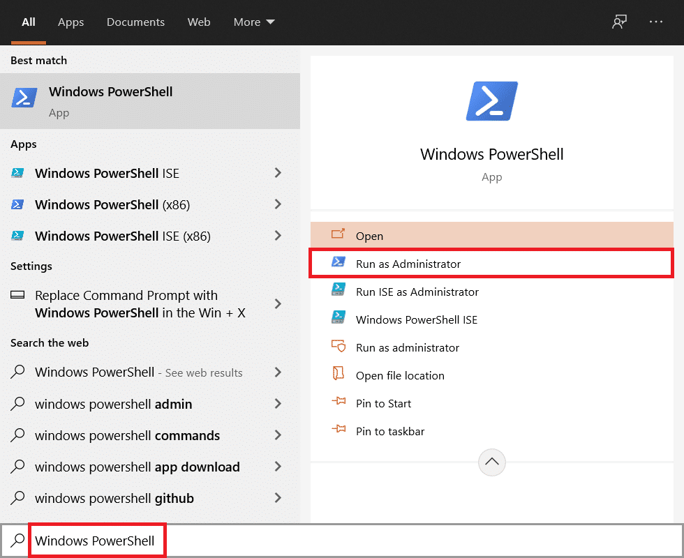 Digite Windows PowerShell na barra Iniciar Pesquisa e clique na opção Executar como Administrador nos resultados.