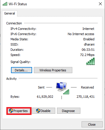 Ora, fai clic su Proprietà. Ethernet non ha un errore di configurazione IP valido