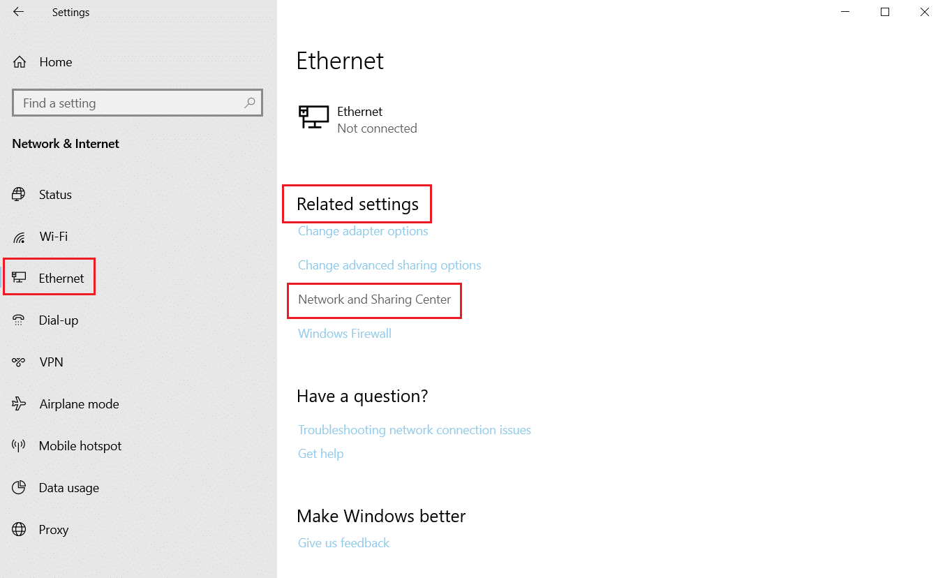 Fare clic su Ethernet e selezionare rete e centro di condivisione nelle impostazioni correlate. Ethernet non ha un errore di configurazione IP valido