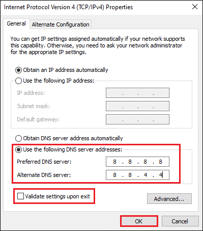 Immettere i valori nel campo Server DNS preferito e Server DNS alternativo. Ethernet non ha un errore di configurazione IP valido