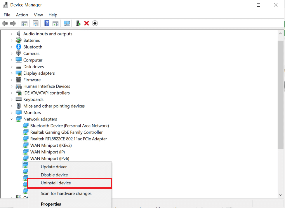 Fare clic su Disinstalla dispositivo. Ethernet non ha un errore di configurazione IP valido