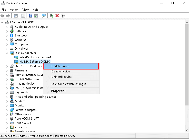 klik kanan pada NVIDIA GeForce 940MX dan pilih Perbarui driver, seperti yang ditunjukkan. Cara Memperbaiki Kegagalan VIDEO TDR nvlddmkm.sys Error