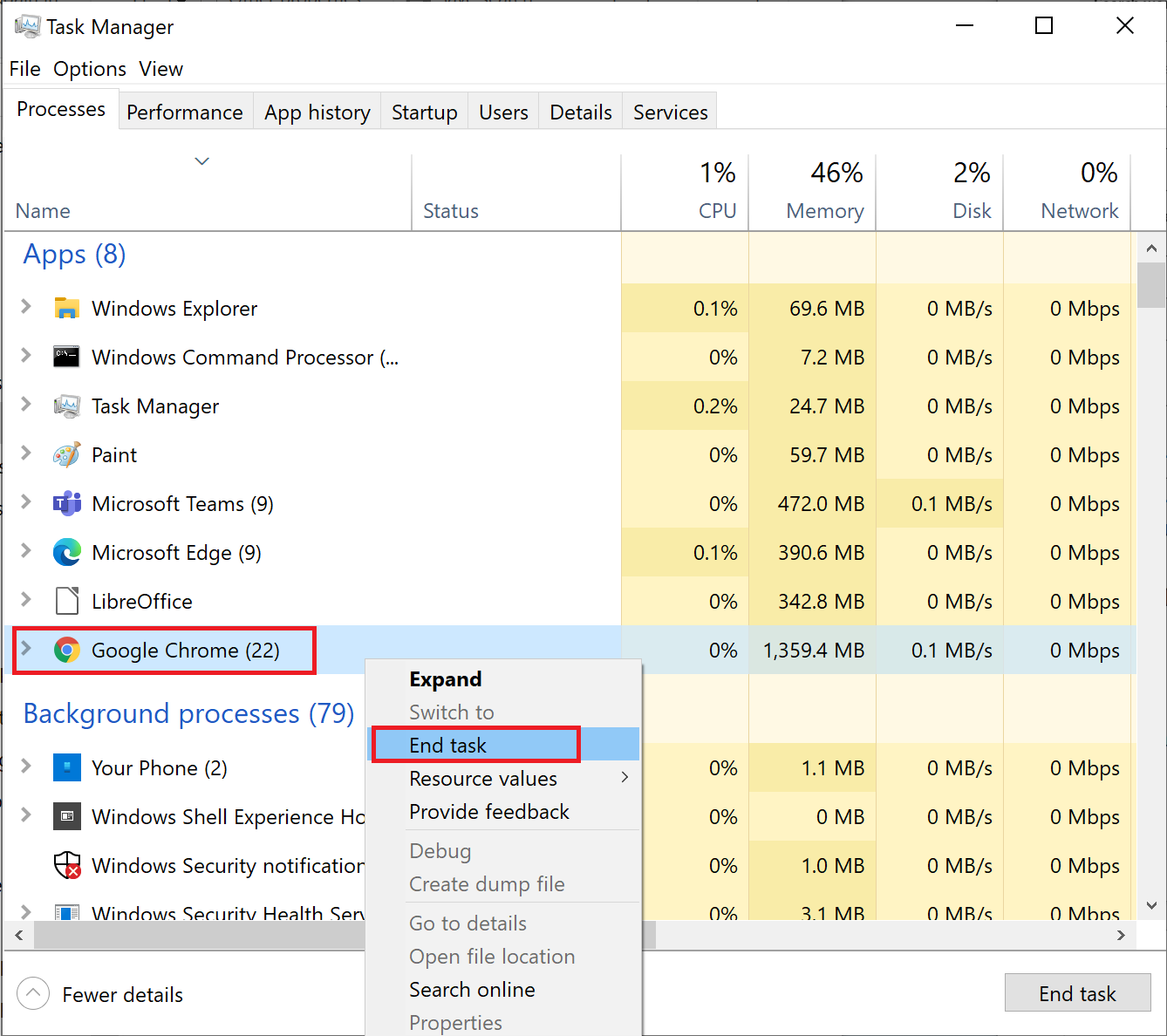 Klik kanan pada proses chrome dan kemudian, pilih Akhiri tugas