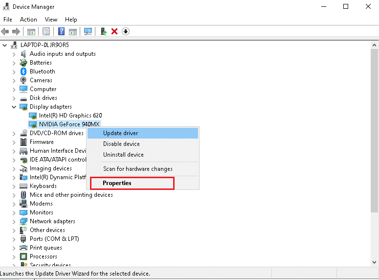 Klik kanan pada NVIDIA GeForce 940MX dan pilih Properties. Cara Memperbaiki Kegagalan VIDEO TDR nvlddmkm.sys Error