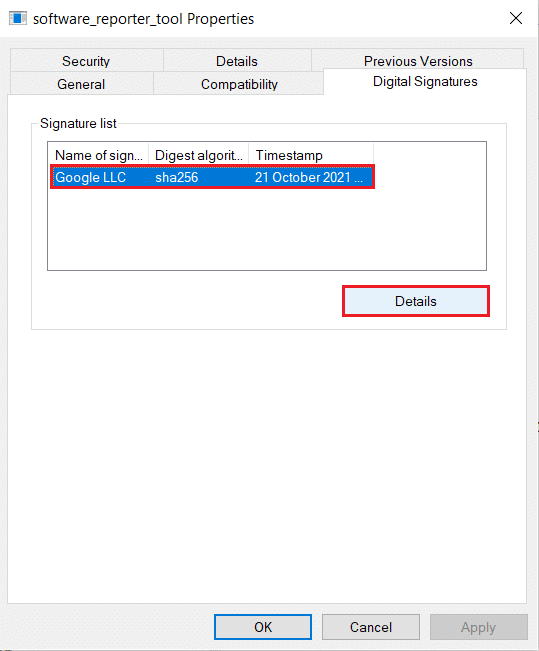 sélectionnez la liste des signatures et cliquez sur Détails dans les propriétés de l'outil de rapport logiciel