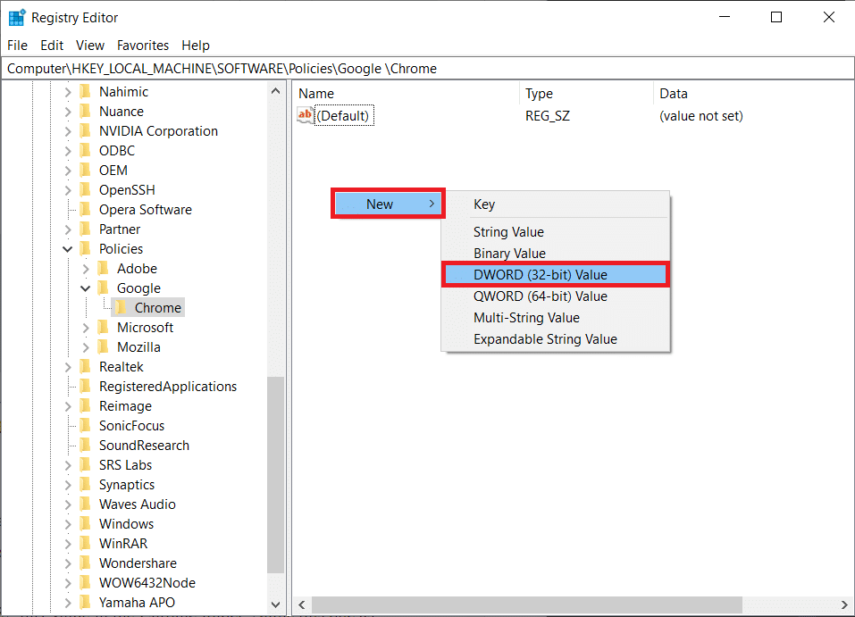 Dans le dossier Chrome, cliquez avec le bouton droit n'importe où dans le volet de droite et accédez à Nouveau et cliquez sur Valeur DWORD 32 bin.