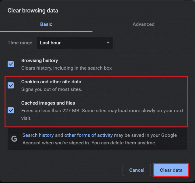 нажмите кнопку очистки данных, чтобы очистить данные просмотра в Google Chrome