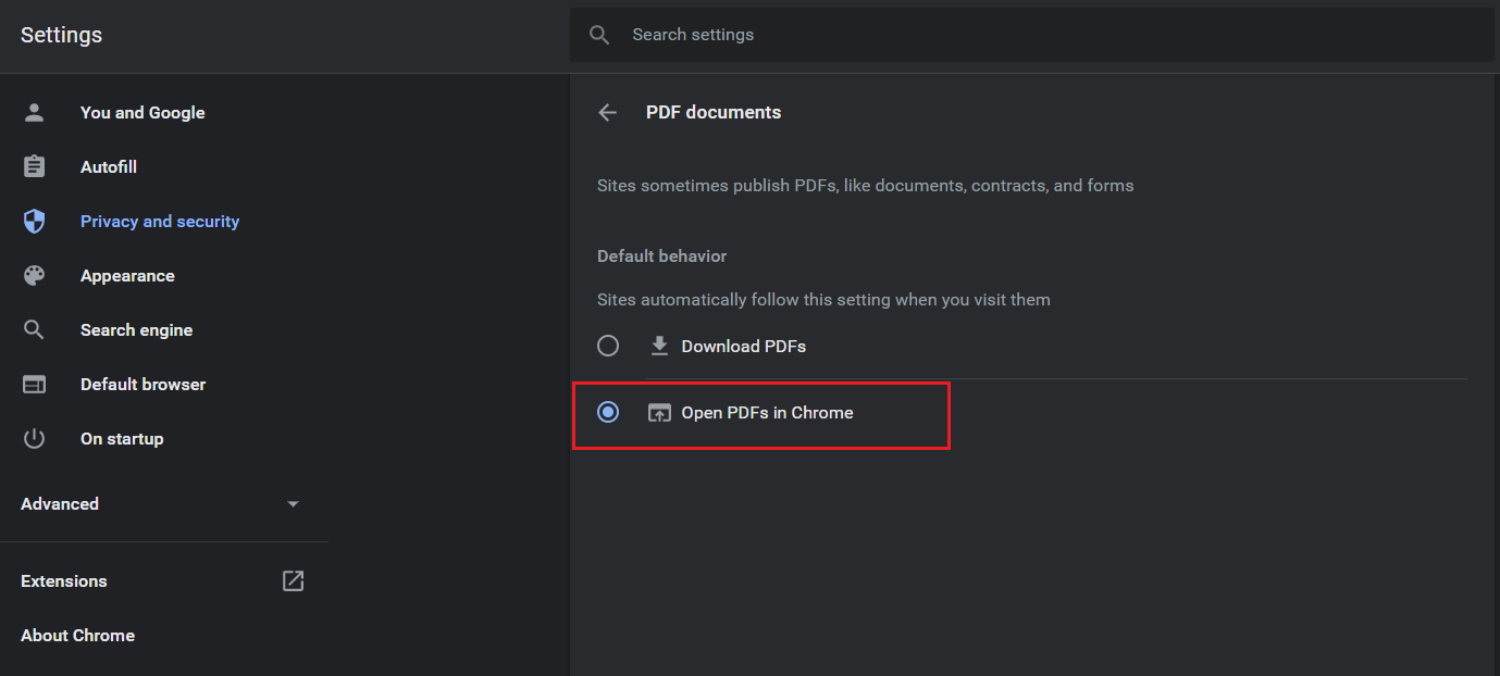 выберите опцию «Открыть PDF-файлы в хроме» в разделе PDF-документов google chrome
