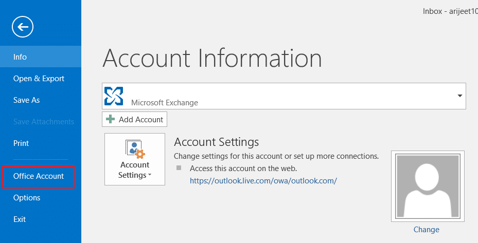 cliquez sur le menu Compte Office dans l'onglet Fichier Outlook